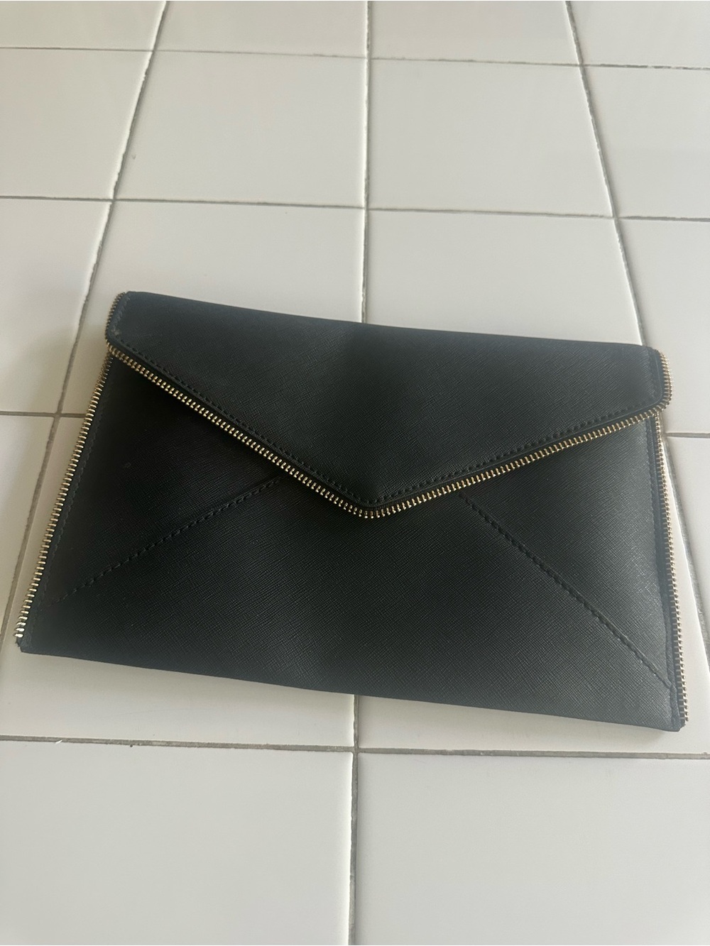 Sleek Black Envelope Wristlet Clutch with Gold-Tone Zip Trim